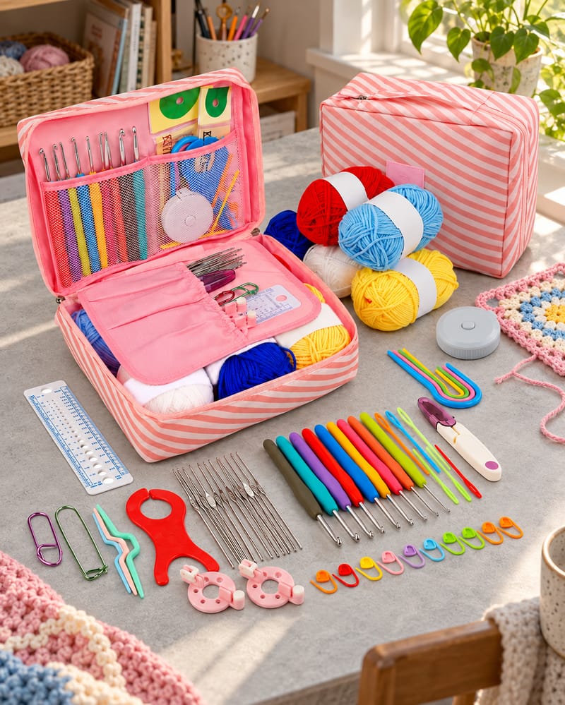 Open and closed views of a pink striped crochet case with yarn and colorful tools on a gray stone surface