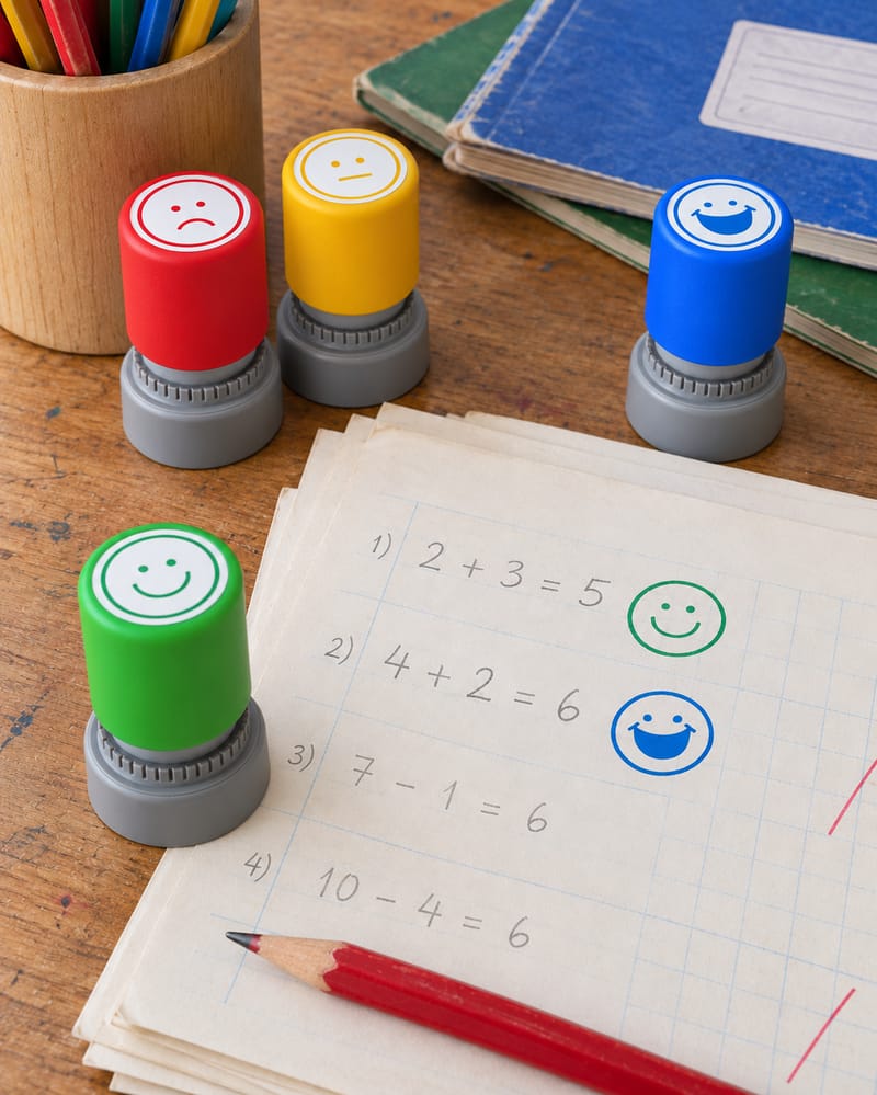 Classroom feedback stamp set beside marked schoolwork