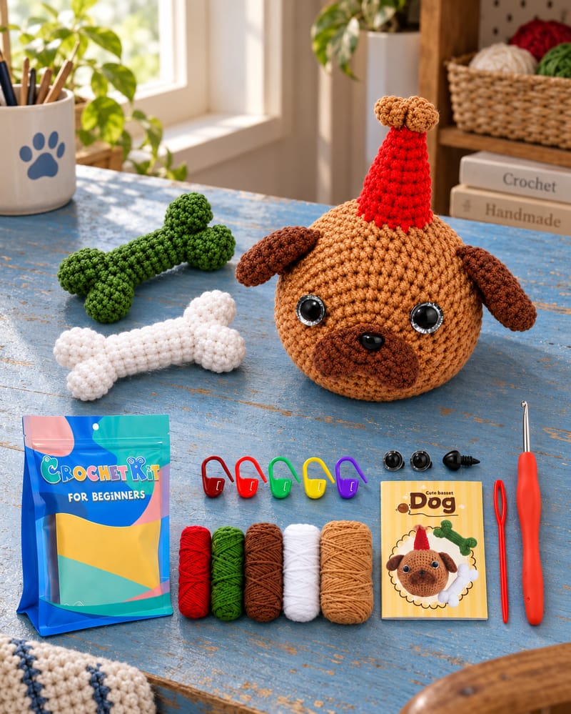 Dog crochet project with a red hat, two bone shapes, five yarn skeins, markers, hook, needle and guide
