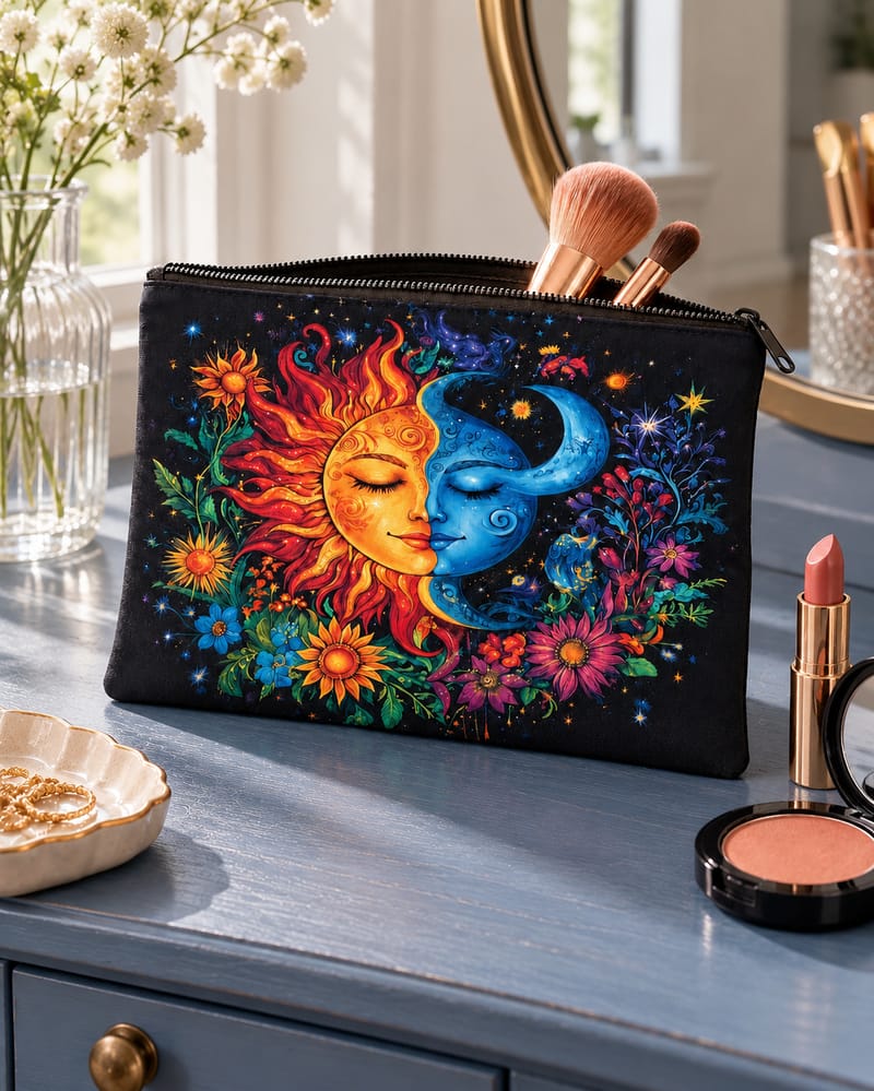 Celestial Makeup Pouch in a slate-blue linen setting