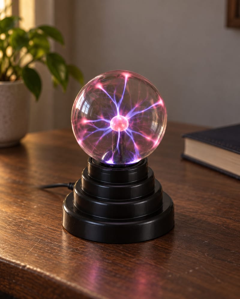 Mini plasma globe with pink and violet filaments on a wooden desk