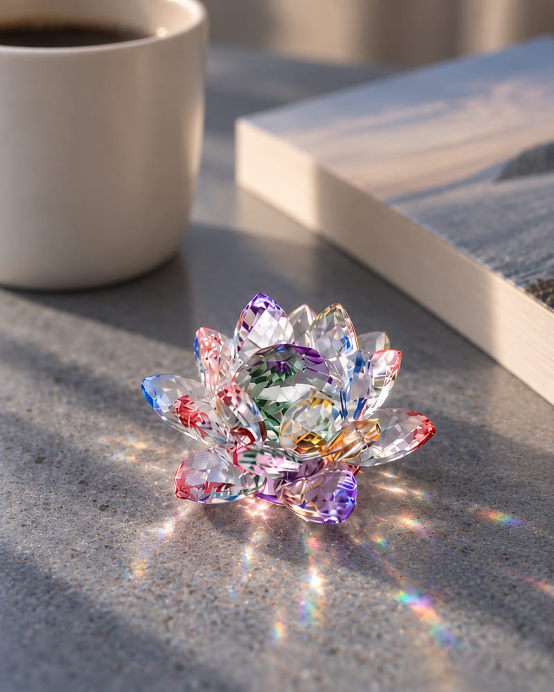 Multicolor faceted glass lotus on stone beside a mug and closed book