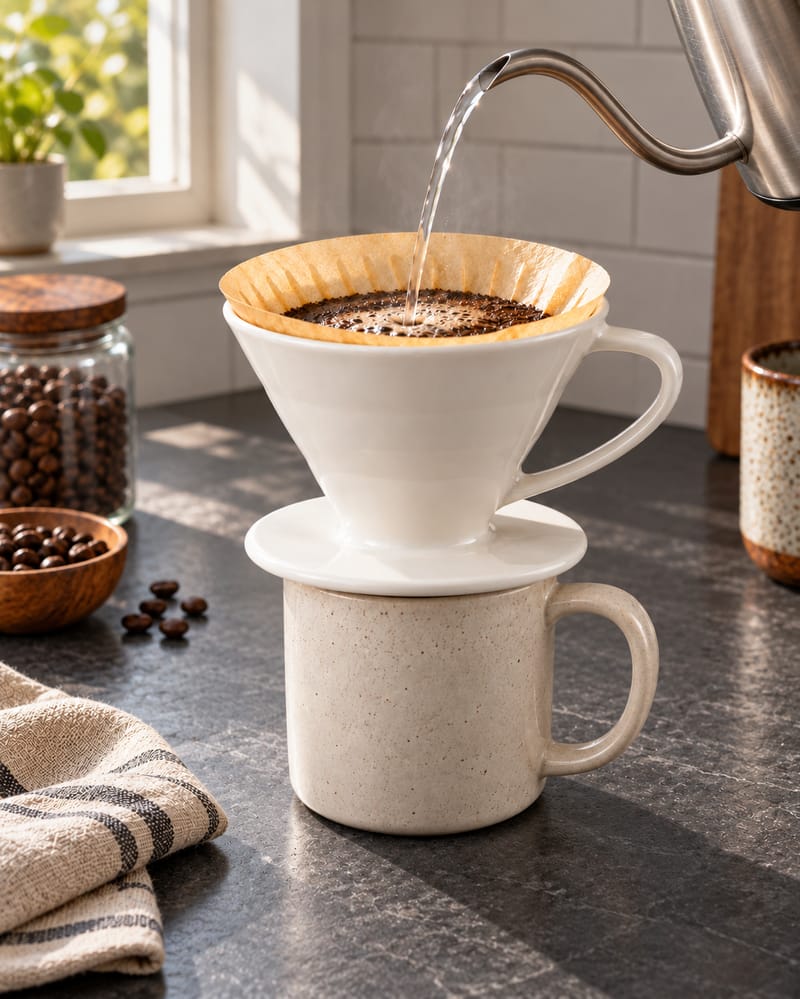 White Ceramic Pour-Over Dripper on a cool gray stone surface