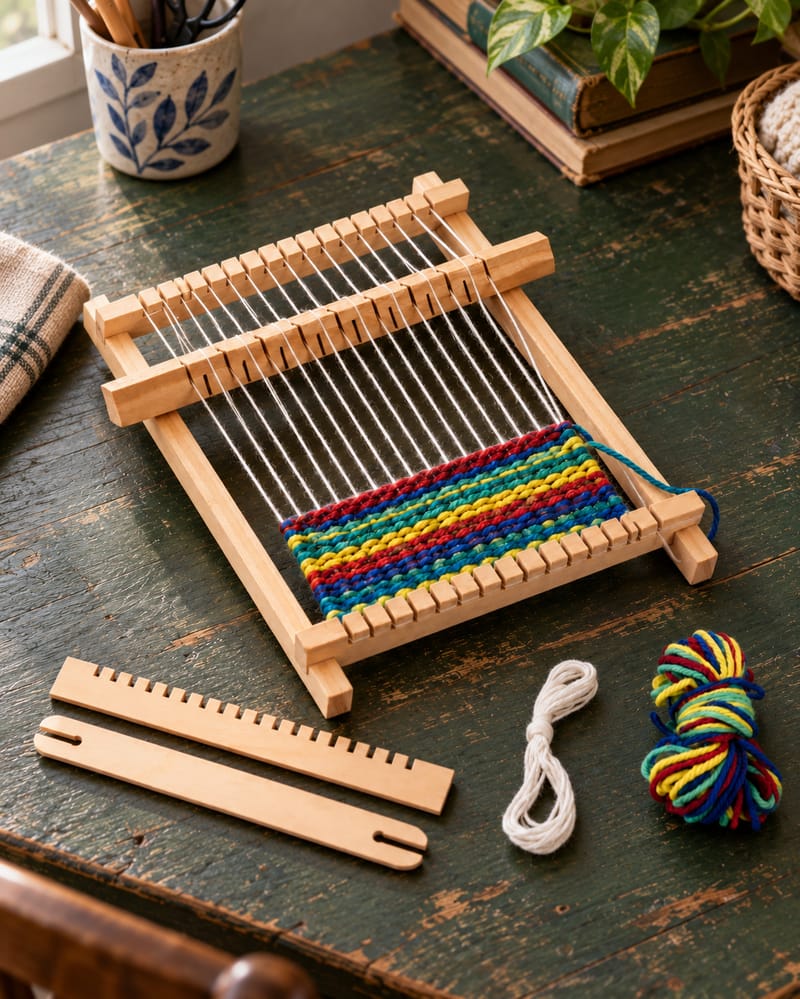 Mini Weaving Loom Kit on a walnut surface