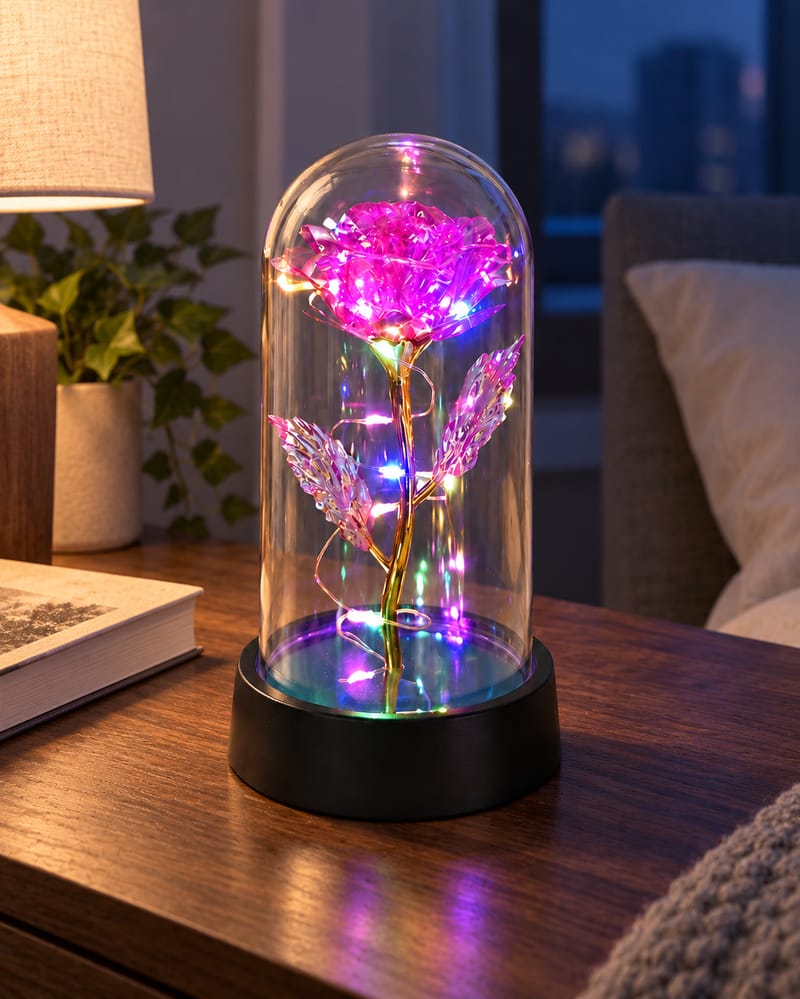 Pink / multicolored lights artificial rose beneath a clear dome on a black base