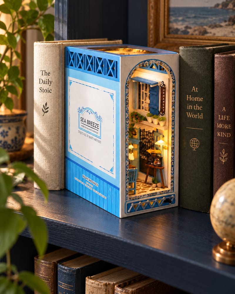 Sea Breeze Book Nook Kit in a slate-blue linen setting