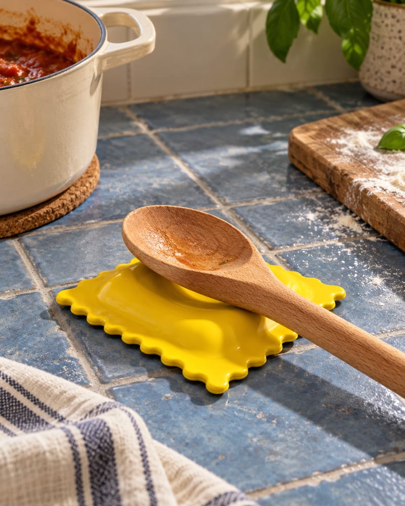 Yellow ravioli spoon rest with a wooden spoon on a terracotta kitchen counter