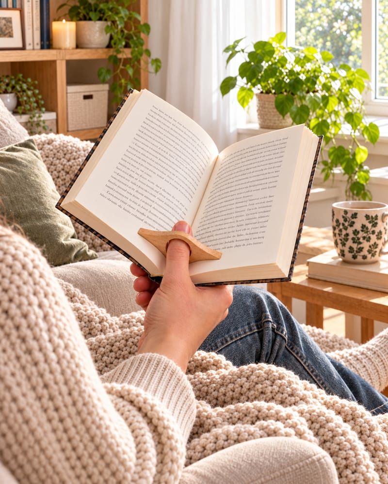 Wooden thumb page holder keeping an open book at a natural reading angle