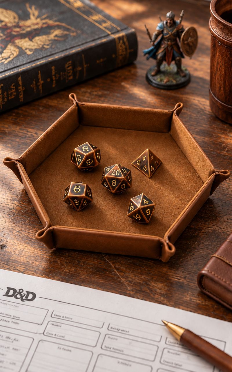 Coffee Folding Dice Tray on a walnut surface