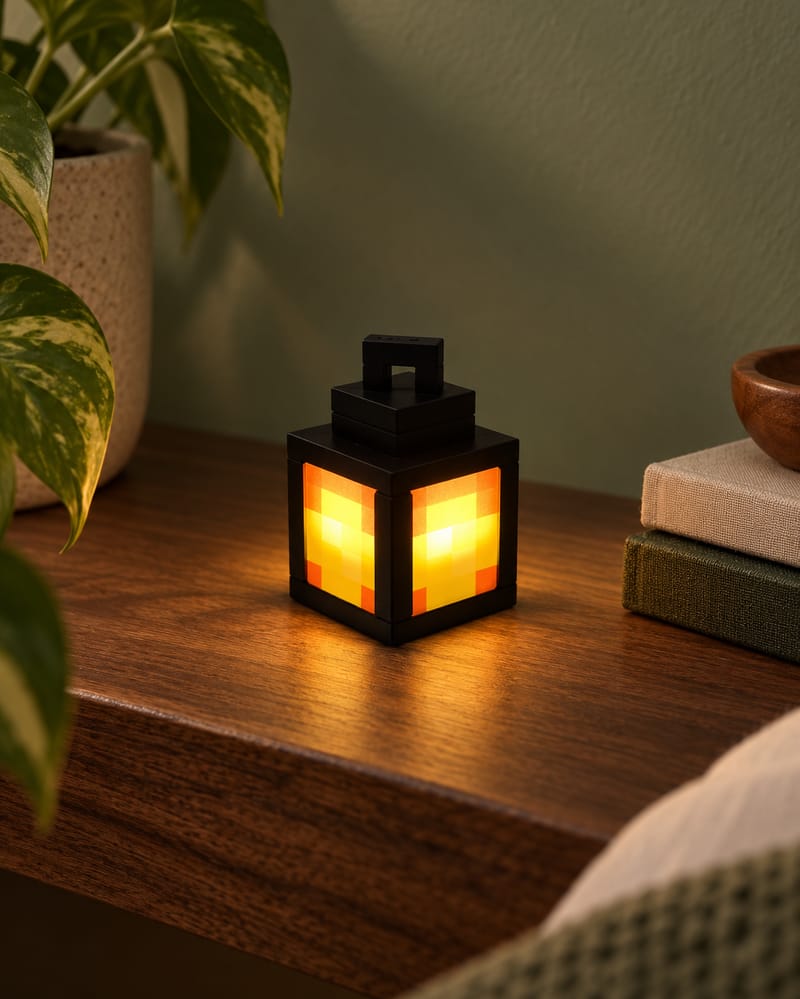 Yellow mini pixel lantern glowing on a wooden shelf beside books and a plant