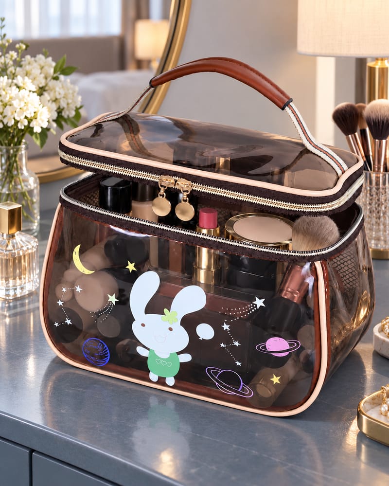 Bunny-print makeup case and contents on muted warm olive linen