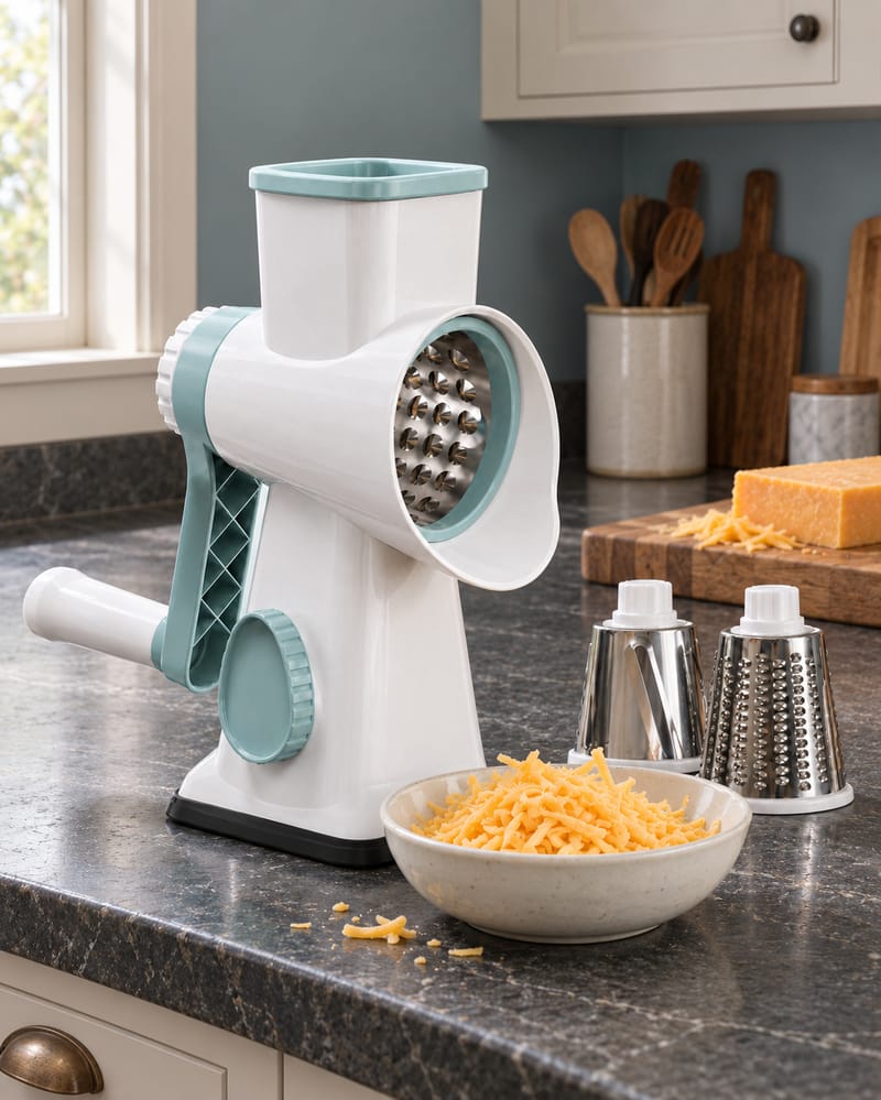 White and mint rotary grater with cheese in the hopper, grated cheese in a bowl and two spare drums