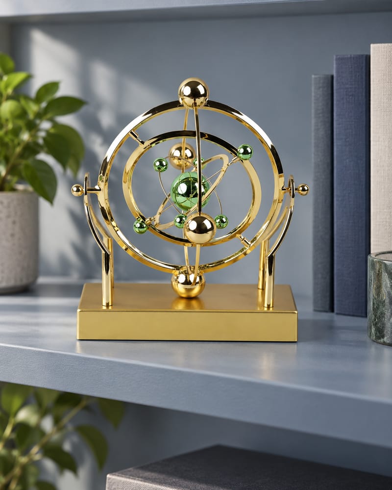 Gold celestial orbit pendulum with green and gold spheres on a shelf beside books