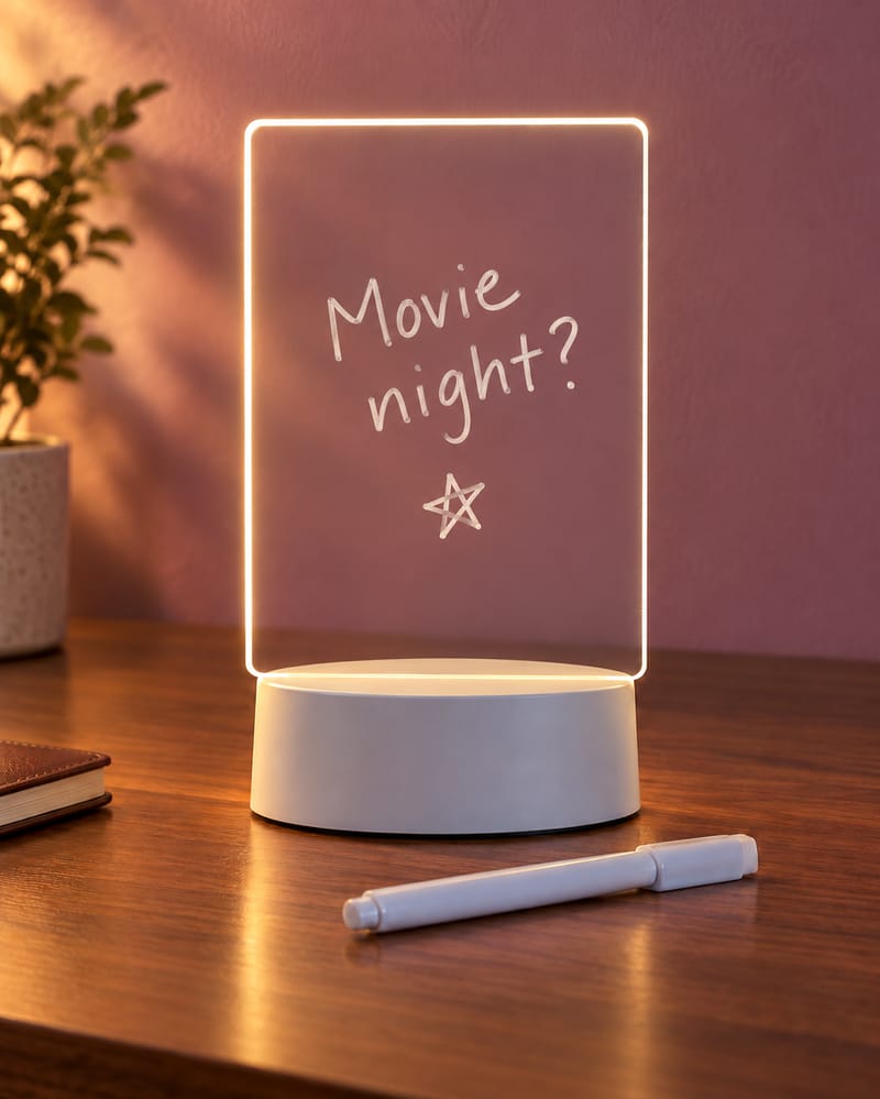 Clear message board lit on a desk with “Movie night?” written on it and a white pen beside it
