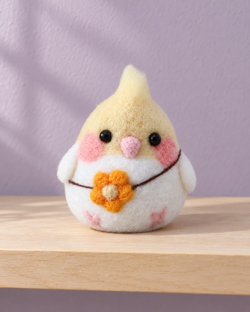 Example of the finished felted cockatiel, with a yellow crest, pink cheeks and an orange flower