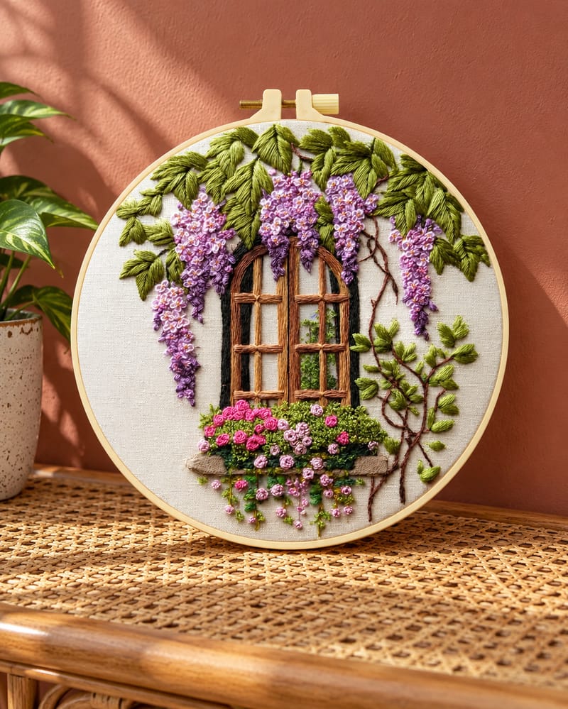 Example of the finished wisteria window embroidery in its hoop, with purple blossoms around an arched window