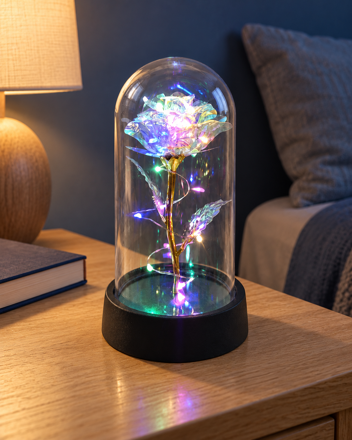 Gold / multicolored lights artificial rose beneath a clear dome on a black base