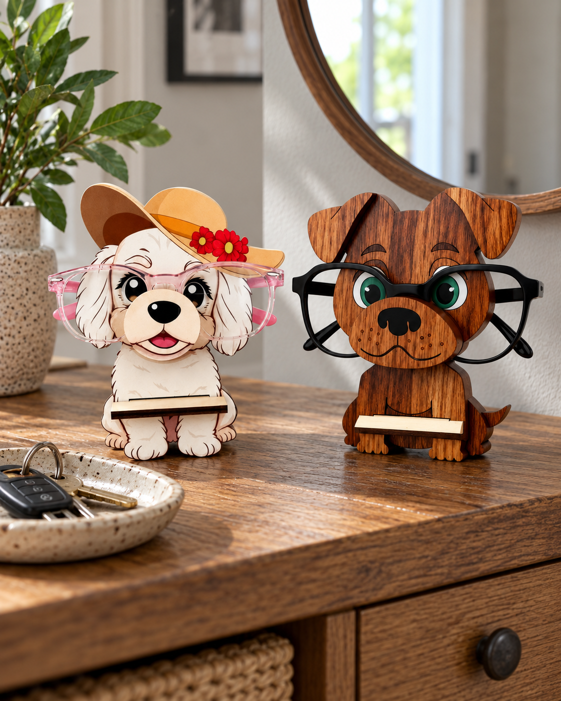 Dog Eyeglasses Holder: Brown and white pair