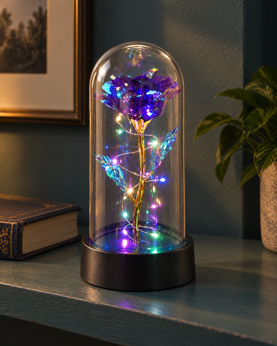 Purple artificial rose with multicolored lights beneath a clear dome