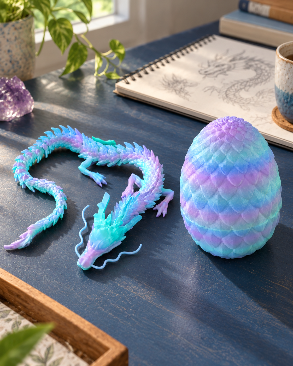Blue-Violet Articulated Dragon and Egg: Pastel blue-purple