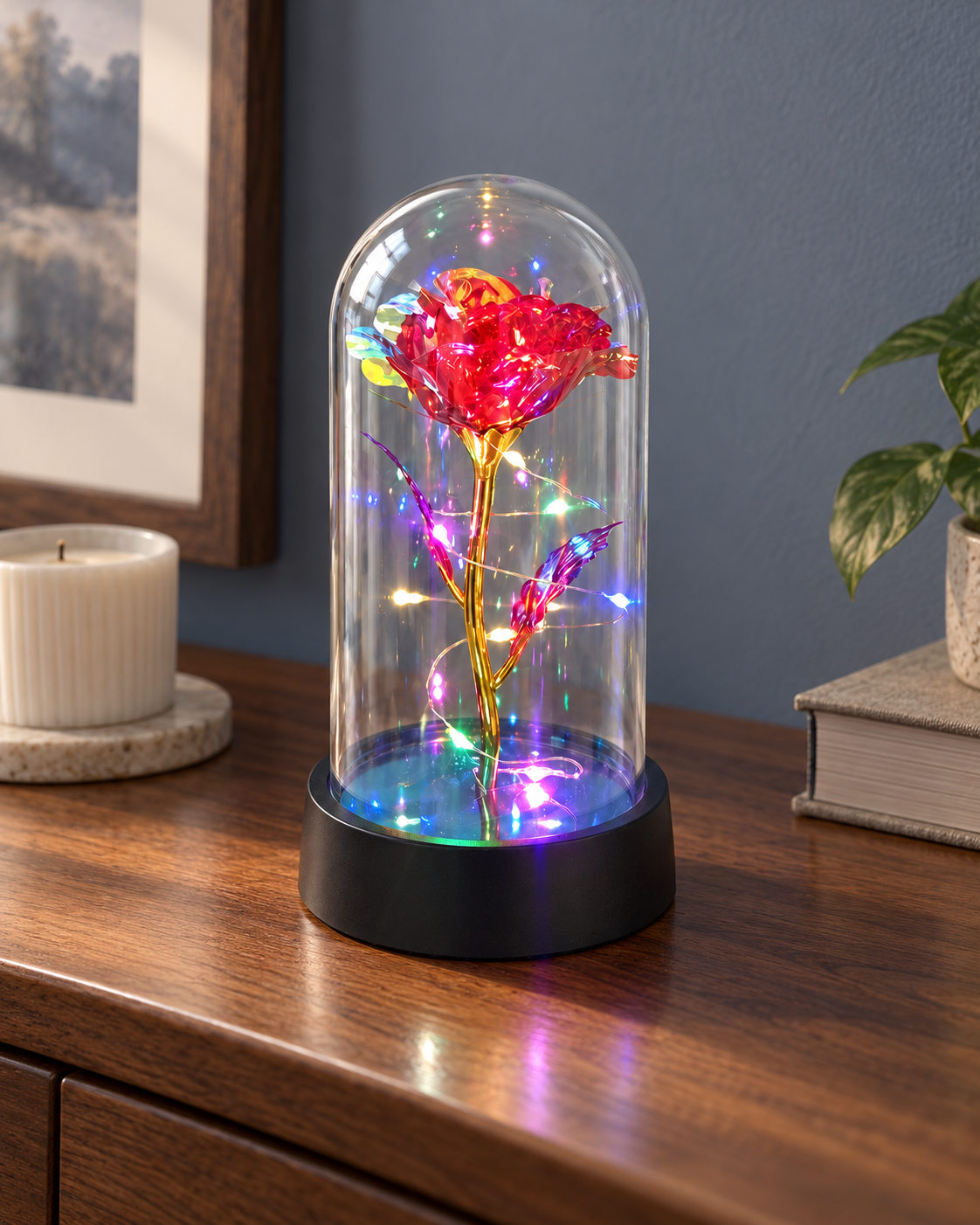 Red / multicolored lights artificial rose beneath a clear dome on a black base