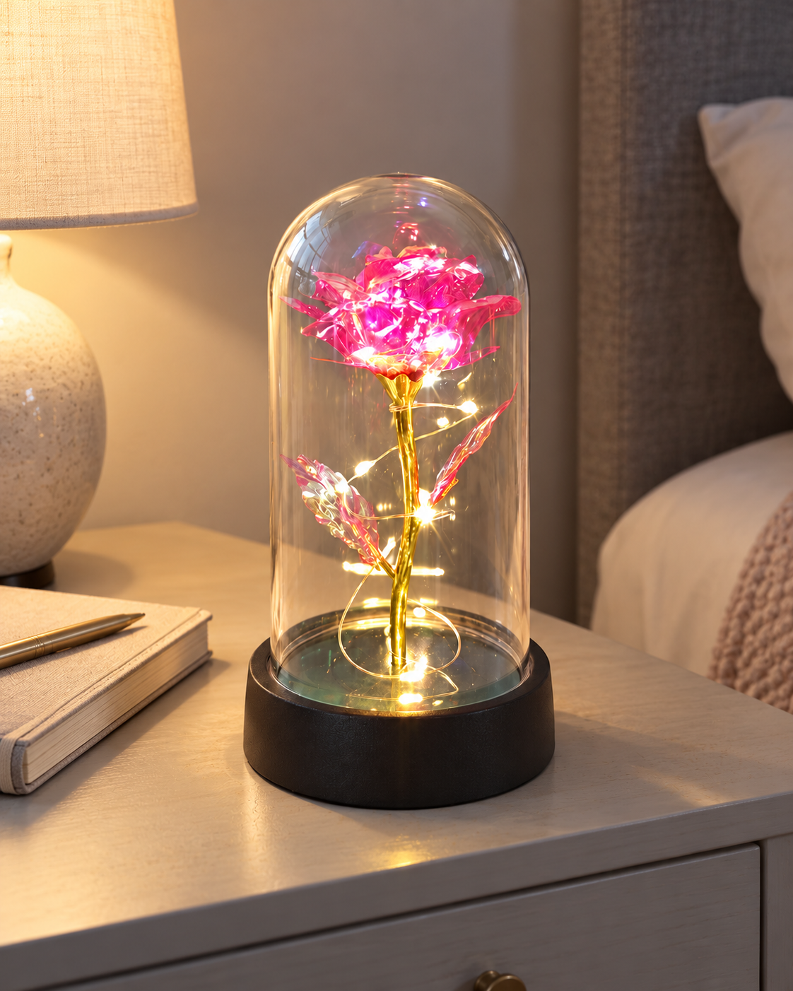 Pink / warm lights artificial rose beneath a clear dome on a black base