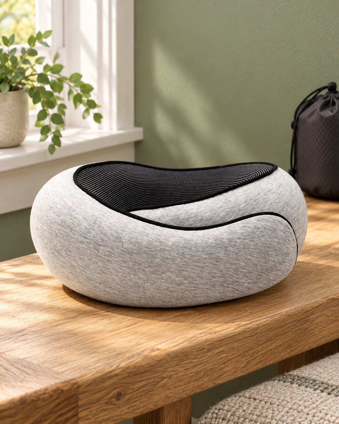 Light gray wraparound travel neck pillow with black trim and lining.