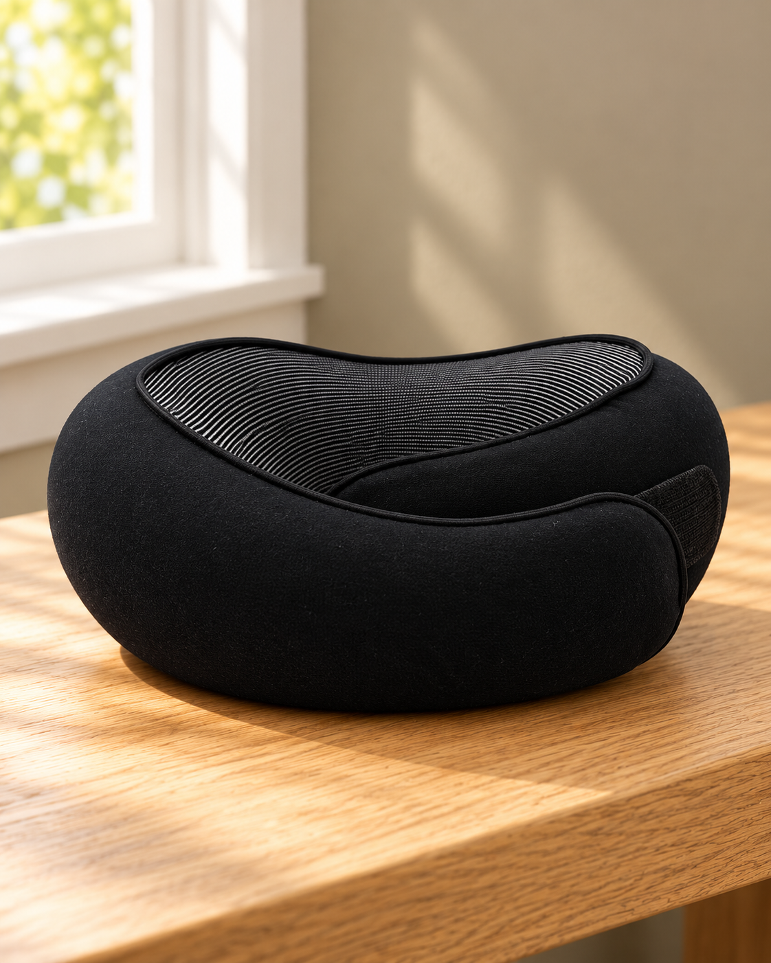 Black wraparound travel neck pillow with dark striped lining.