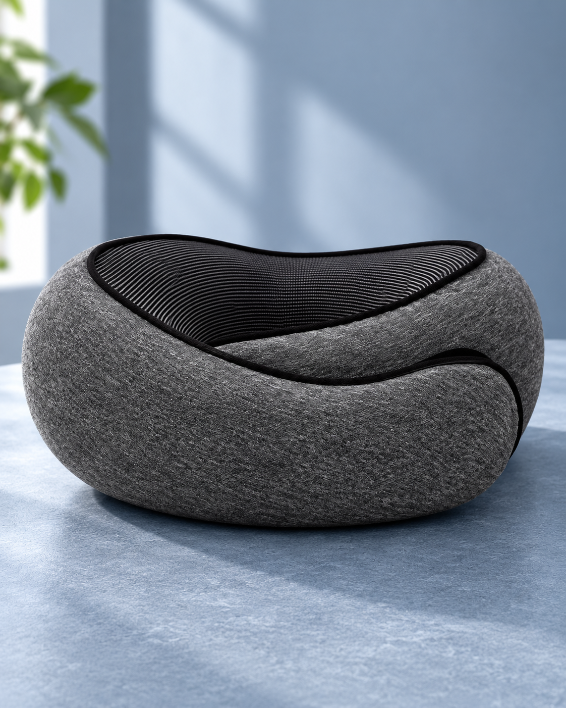 Charcoal wraparound travel neck pillow with dark striped lining.