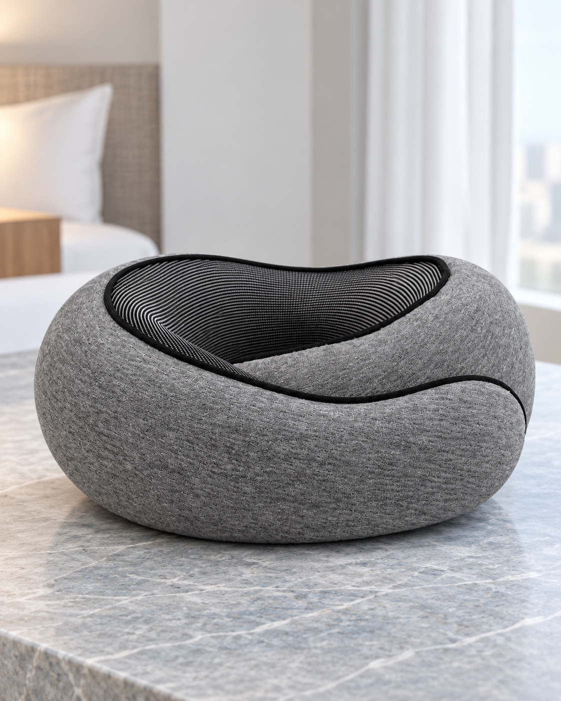 Dark gray wraparound travel neck pillow with black trim and lining.